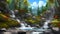 Picturesque autumn landscape with water streams, waterfalls and trees in the mountains among high cliffs. AI generation