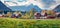 Picturesque autumn panorama of Brauhof village. Amazing morning scene of  Austrian Alps, Styria stare of Austria, Europe. Beauty