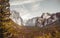 Picturesque autumn panorama of the valley and waterfalls of Yosemite