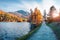 Picturesque autumn sunset on Sils Lake / Silsersee. Spectacular evening view of Swiss Alps, Maloja Region, Upper Engadine, Switzer