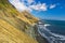 Picturesque black sand volcanic beach at summer, south Iceland