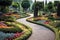 Picturesque Botanical Garden With Colorful Flowerbeds And Winding Paths. Generative AI