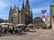 The picturesque building of Mulhouse town hall and its gothic cathedral  .