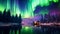 A picturesque cabin amidst a serene lake, bathed in the vibrant hues of the mesmerizing aurora borealis, The ethereal beauty of