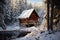 A picturesque cabin tucked away in the snowy wilderness offers a peaceful escape from the hustle and bustle of everyday life., A