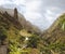 Picturesque canyon Ribeira da Torre covered with lush vegetation. Cultivation on steep terraced hills banana trees