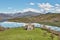 Picturesque chapel of Quintanilla in Riano mountain lake landscape. Spain