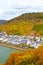 Picturesque city Cochem in Germany photographed in the fall season from the Reichsburg Castle. Colorful autumn landscape, fall
