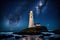 A picturesque coastal lighthouse standing tall under a starry New Year\\\'s night sky