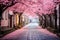 A picturesque cobblestone street lined with beautiful cherry blossom trees in full bloom, A whimsical cobblestone street lined
