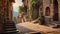 A picturesque cobblestone street with steps leading up to a beautiful building in a charming city, An old, winding, cobblestone