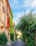 Picturesque colourful small alleyway in Antibes, Cote d`Azur, France