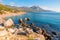 Picturesque empty beach of a bay surrounded