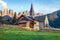 Picturesque evening view of Santa Maddalena Catholic Church. Colorful summer scene of Funes valley. Splendid landscape of St.