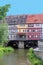 Picturesque fachwerk houses at the Merchants Bridge along the river, Erfurt, Germany