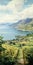 Picturesque Fjord: Watercolor Painting With Grapevines And Charming Winery