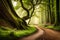 A picturesque forest trail leading to an ancient tree with a massive hollow trunk, creating a natural woodland sanctuary