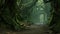 A picturesque forest trail with lush green moss, leading through a serene and vibrant woodland, A narrow, winding path through an