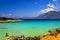 The picturesque Gekova Bay in the Aegean Sea and Cleopatra beach - clear turquoise water and white sand