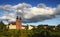 Picturesque German town with a church at sunset