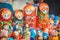 Picturesque goods at a fair: Russian painted dolls