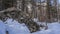 A picturesque granite boulder in a winter forest.