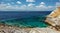 Picturesque Greece landscape. Amazing cliff rocks on the west coast of Ionian sea. Wonderful summer seascape with perfect blue sky