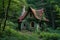 A picturesque green house with a vibrant red roof stands amidst the tranquility of the surrounding woods, A fairy-tale cottage