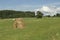 Picturesque hay runoff on a mown green field against a blue sky backgfound