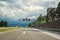 Picturesque highway in Croatia autocesta A, the main automobile way with pointers and road signs. Scenic daytime landscape with