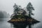 Picturesque House island foggy lake. Generate Ai