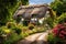 A picturesque house with a thatched roof nestled amidst a vibrant garden filled with colorful flowers, A quaint countryside