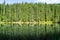 Picturesque lake panorama view with puffy clouds and coniferous forest reflections