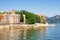 Picturesque lake with ruined fort on small island. View of Lake Skadar  and Fortress Grmozur. Montenegro