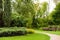 Picturesque landscape with beautiful green lawn. Gardening idea