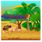 Picturesque landscape with a coconut palm tree, rocks and carnivorous plants. Sketch of a beautiful poster or placard on