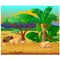 Picturesque landscape with a coconut palm tree, rocks and carnivorous plants. Sketch of a beautiful poster or placard on