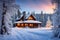 A picturesque landscape featuring a tranquil snowy scene, with a charming cabin nestled among frost-covered trees. The serene