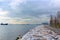 Picturesque landscape of Istanbul. Picturesque view of Marmara Sea and embankment. Merchant ships standing on the roadstead.