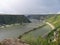 Picturesque landscape of Middle Rhine river. View from above from Lorelei rocks at St. Goarshausen, Katz Castle.