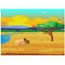 Picturesque landscape with a river, a meadow of dried grass, trees and flying bird. Vector cartoon close-up illustration