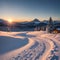 Picturesque landscape with small wooden log cabin on meadow Alpe di Siusi on sunrise time. Seiser Alm,