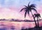 Picturesque landscape of sunset on tropical coastline. Dark silhouettes of palms against mountain chain and calm water