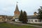 Picturesque landscape view of inner courtyard and watch tower in Kamianets-Podilskyi Castle.