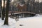 Picturesque landscape view of old wooden bridge over the frozen lake in the village of Pushcha-Voditsa