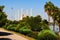 Picturesque landscape view of Sabanci Central Mosque Turkish: Sabanci Merkez Cami and city park near Seyhan River in Adana