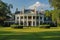 A picturesque large white house sits amidst a lush landscape of trees and grass in a serene rural environment, A Colonial Revival
