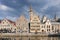 Picturesque medieval buildings overlooking the Graslei harbor on Leie river in Ghent town Belgium Europe