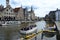 Picturesque medieval buildings overlooking the Graslei harbor on Leie river in Ghent town, Belgium, Europe