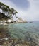 Picturesque Mediterranean wild beach harbor on the Turkish sea rocky coast near from Antalya